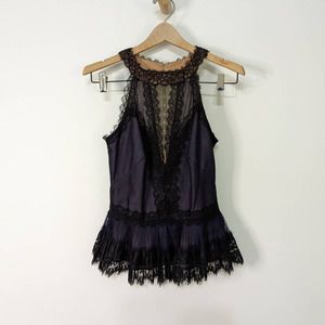 Marchesa Notte Navy Blue Eyelash Lace Sleeveless Peplum Blouse Size 0 FLAWS